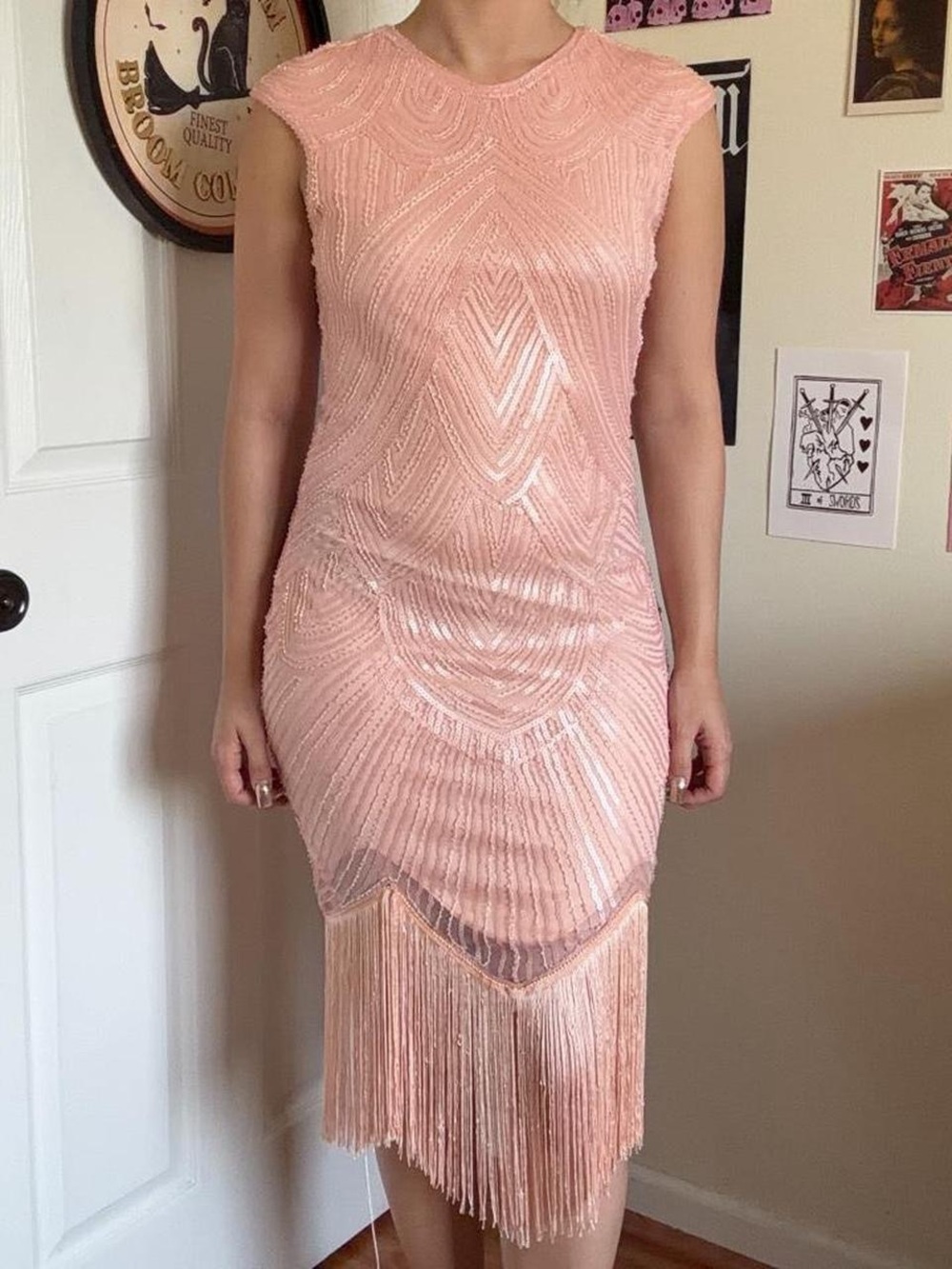 Sleeveless Pink Beaded Fringe Cocktail Dress